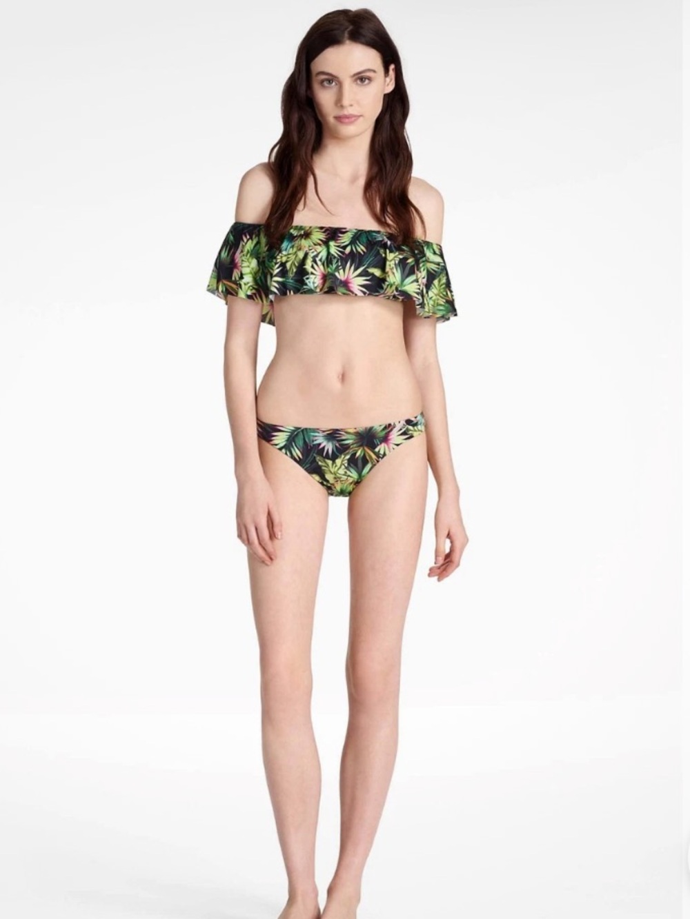 Lucky Brand Tropical Leaf Off-Shoulder Bikini in Black and Green